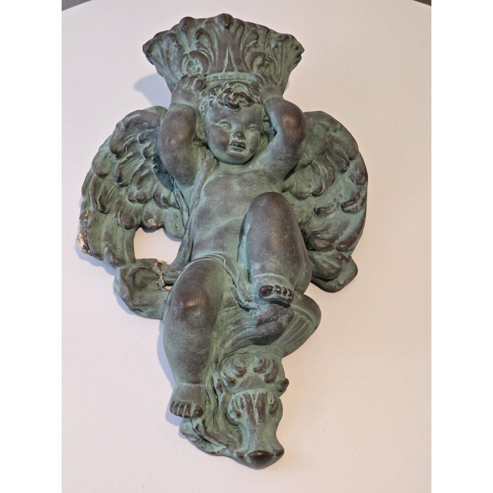 Antique Cherub Wall Sconce Candle Holder Chalkware Verdigris As-Is Repair